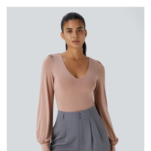 HALARA V-Neck Long Sleeve Bodysuit - Mauve - Picture 2 of 4